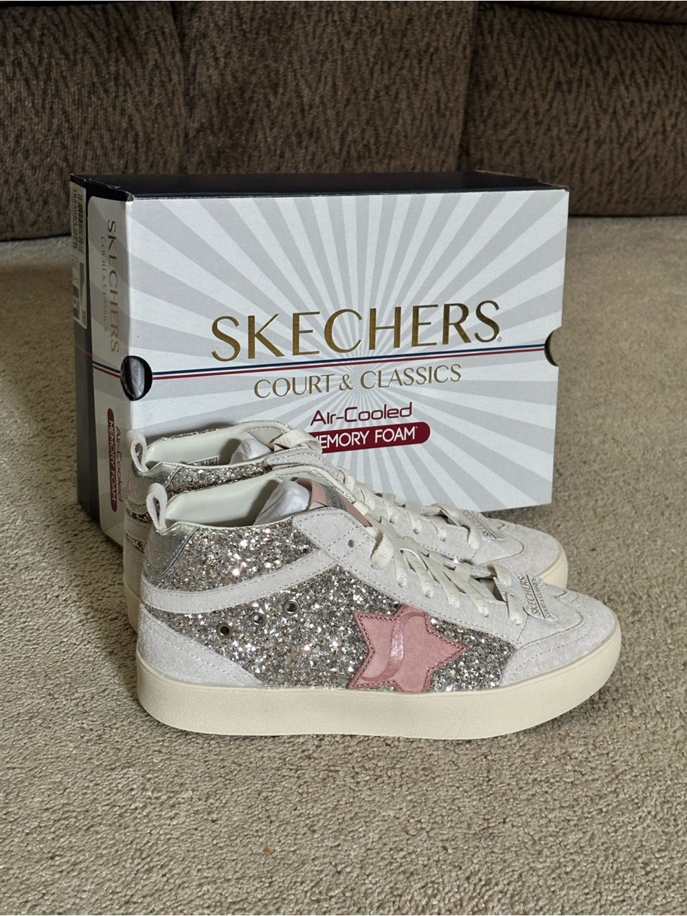 Skechers Glitter High-Top Sneakers in Silver and Pink Star